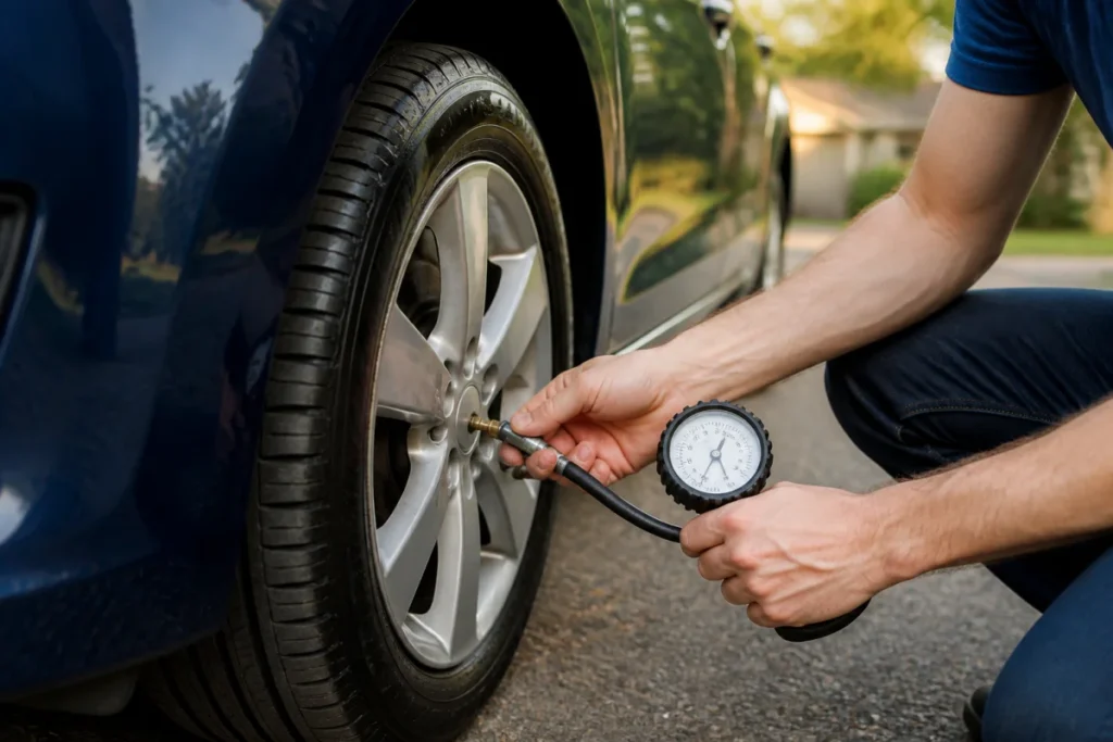 Automobiliste vérifiant la pression des pneus à chaud avec un manomètre portatif, valve et roue au premier plan