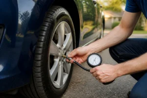 Automobiliste vérifiant la pression des pneus à chaud avec un manomètre portatif, valve et roue au premier plan