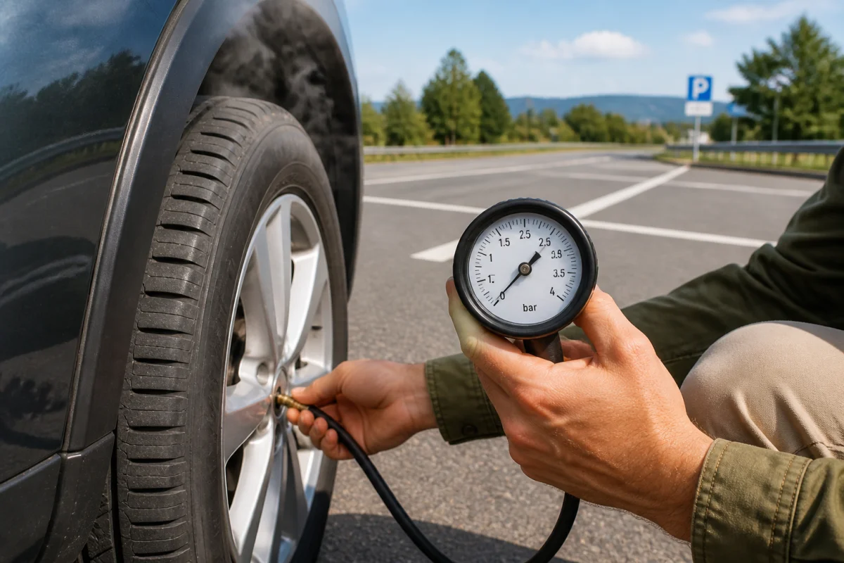 Contrôle de la pression des pneus à chaud avec un manomètre après un trajet sur autoroute