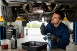 Mécanicien vérifiant une fuite d’huile de transmission sous une voiture, symptôme d’une boîte automatique qui manque d’huile