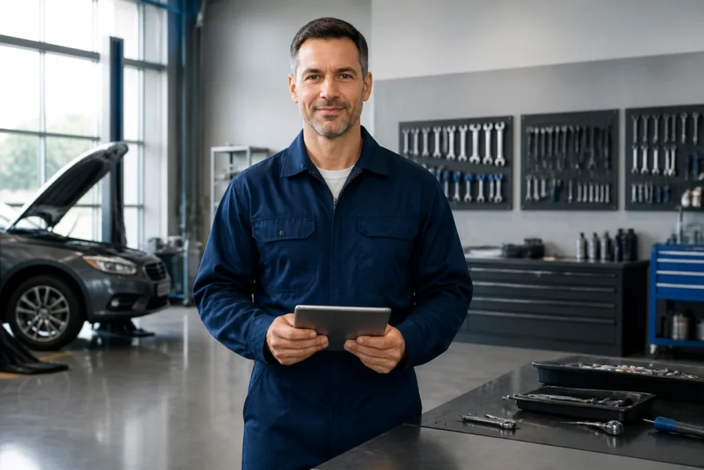 Technicien automobile professionnel utilisant une tablette numérique dans un atelier moderne et organisé pour Ki Automotive.