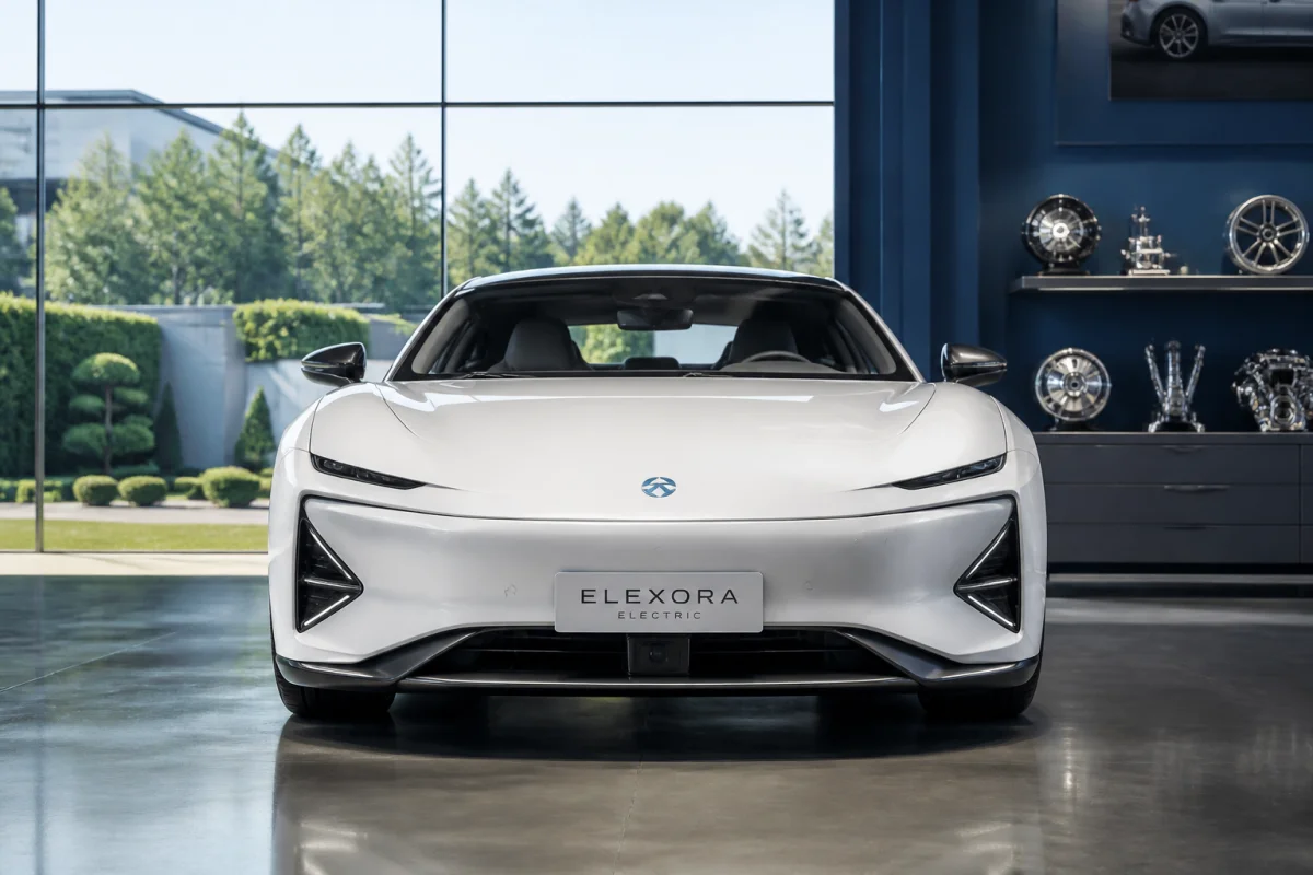 Voiture de sport électrique au design moderne garée dans un atelier haut de gamme pour Ki Automotive.