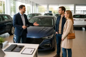 Conseiller automobile présentant une voiture neuve à un couple, illustrant l’achat avec remises dans un garage breton rassurant