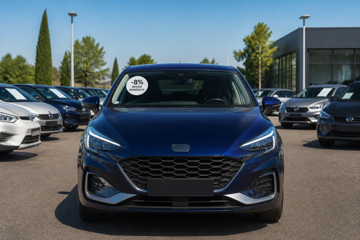 Acheter une voiture neuve avec remises, modèle hybride bleu présenté devant une concession moderne