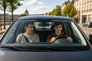 Auto Ecole Du Quai Nantes accompagne un jeune conducteur lors d’une leçon de conduite en ville