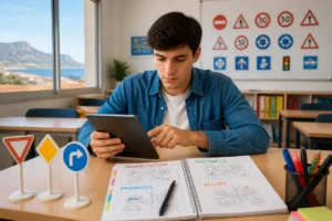 Élève révisant le code de la route sur tablette à l’Auto-école La Rouge et Noire à Toulon, avec un carnet organisé