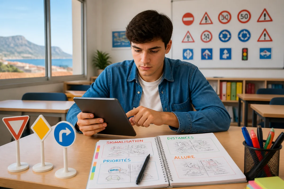 Élève révisant le code de la route sur tablette à l’Auto-école La Rouge et Noire à Toulon, avec un carnet organisé