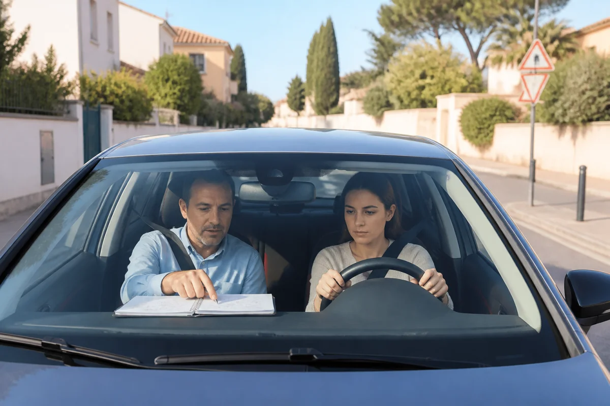 Élève conductrice accompagnée par un moniteur de l’Auto Ecole La Rouge Et Noire dans une rue de Toulon
