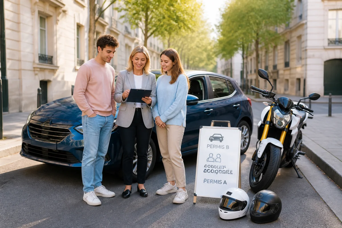 Monitrice accompagnant deux élèves adultes devant une voiture et une moto-école dans une rue de Nantes
