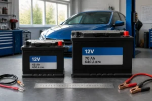Deux batteries automobiles de puissances différentes comparées dans un atelier, illustrant peut-on mettre une batterie moins puissante sur une voiture