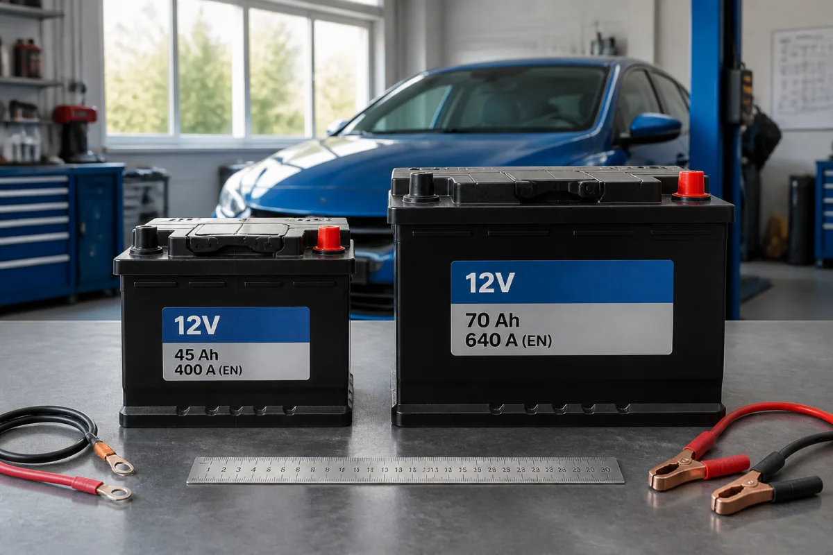 Deux batteries automobiles de puissances différentes comparées dans un atelier, illustrant peut-on mettre une batterie moins puissante sur une voiture