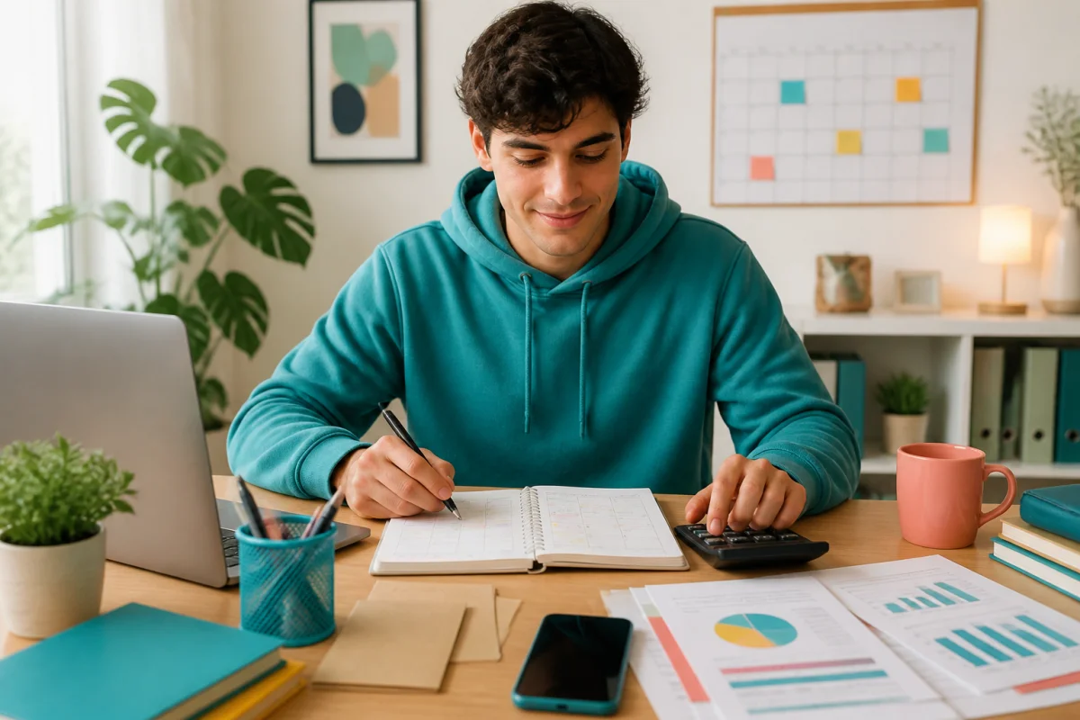 Jeune adulte organisant sereinement le budget de sa formation au permis de conduire devant un ordinateur.