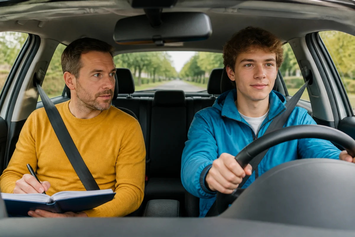 Jeune conducteur au volant, accompagné d’un adulte attentif, illustrant le mode d’emploi de la conduite accompagnée