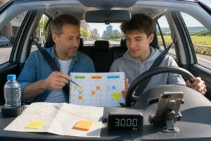 Conduite accompagnée : jeune conducteur au volant avec accompagnateur, itinéraire progressif et carnet de suivi indiquant 3 000 kilomètres
