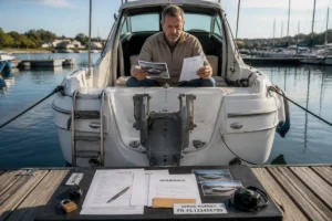 Propriétaire examinant ses documents d’assurance près d’un bateau de plaisance amarré, avec support moteur hors-bord vide.