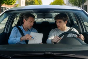 Moniteur d’auto-école expliquant une erreur de trajectoire à un élève pendant une séance de conduite pédagogique
