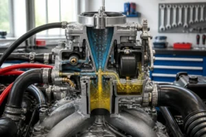 Carburateur automobile moderne ouvert, composants internes et flux air-carburant visibles dans un atelier mécanique lumineux pour Energaz Carburation