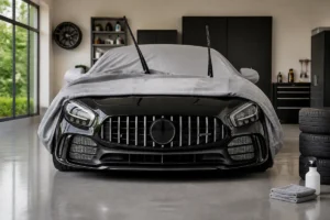 Voiture de prestige lavée et protégée sous une housse respirante dans un garage propre et soigneusement organisé