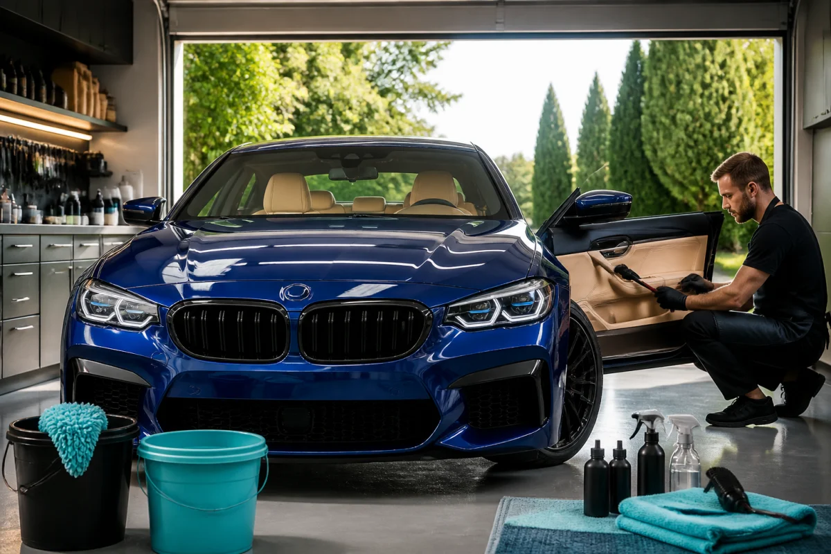 Professionnel entretenant une voiture de prestige bleue, nettoyant la carrosserie et le cuir beige dans un garage haut de gamme