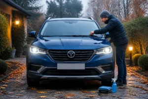 Entretien auto avant hiver : personne vérifiant essuie-glaces, phares et pare-brise propre d’une voiture en automne