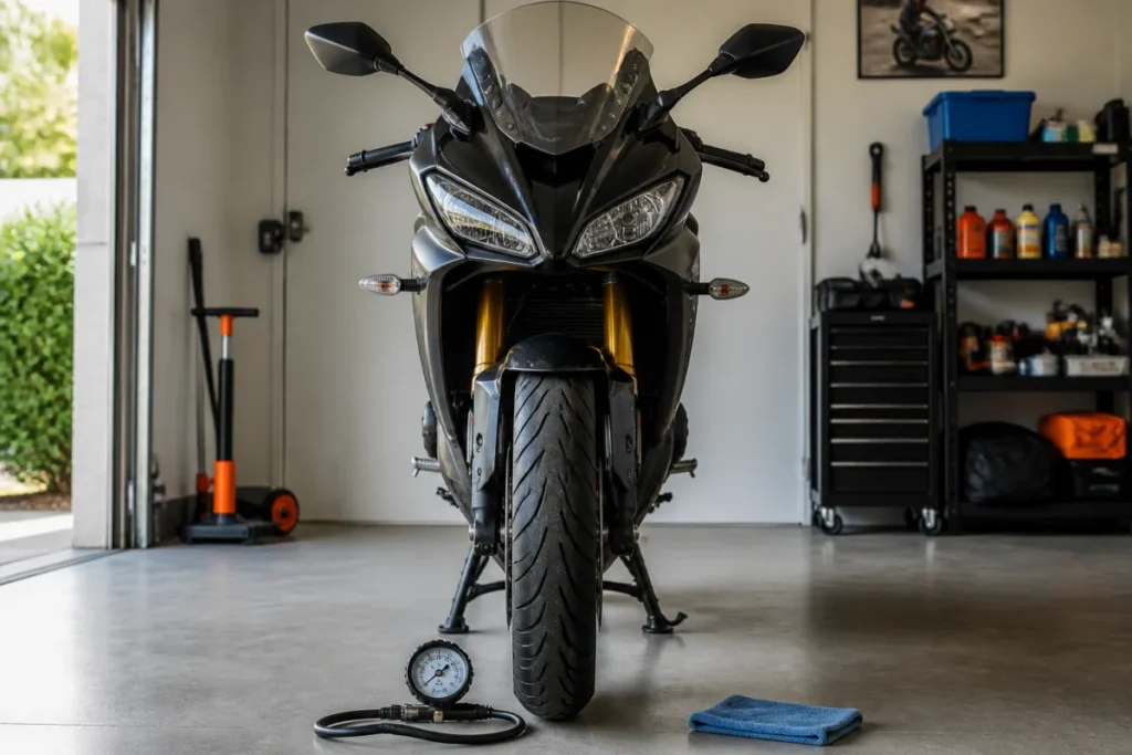 Moto de route immobilisée sur béquille centrale, pneus gonflés et freins propres pour l’entretien avant hivernage
