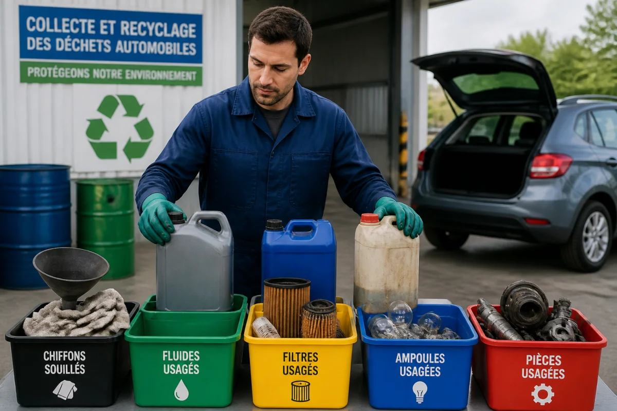 Automobiliste triant des fluides automobiles usagés dans des contenants adaptés pour entretenir les niveaux de sa voiture