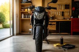 Moto moderne dans un garage, illustrant l’entretien et la réparation moto avec chaîne, pneus et freins visibles