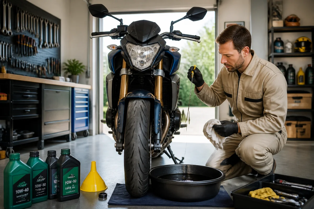 Mécanicien vérifiant les fluides d’une moto lors d’une vidange dans un garage propre et lumineux, entretien et réparation moto