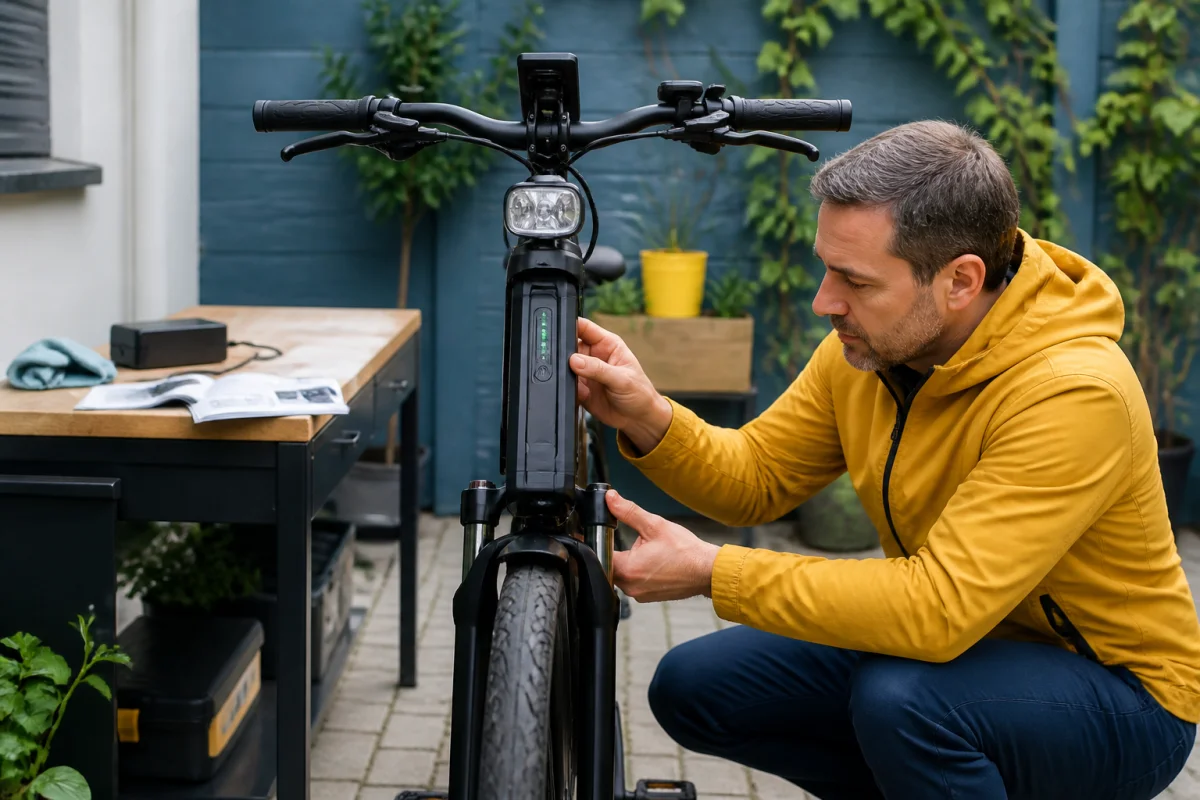 Personne vérifiant la batterie amovible d’un vélo électrique dans une cour lumineuse, avec chargeur et chiffon sur l’établi.