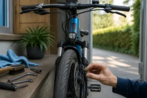 Entretien d’un vélo électrique : vérification des plaquettes et du disque de frein avant avec une main et des outils d’entretien