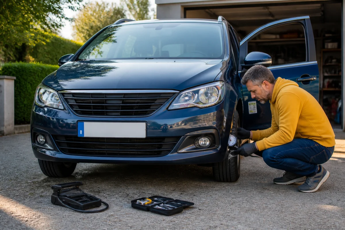 Entretien voiture avant contrôle technique : automobiliste vérifiant la pression et l’usure des pneus avec des outils adaptés