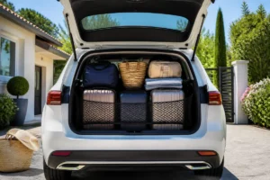 Voiture familiale chargée de bagages équilibrés, illustrant l’entretien voiture avant vacances et la préparation sereine du voyage