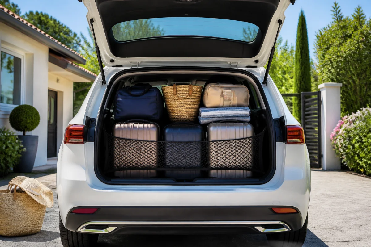 Voiture familiale chargée de bagages équilibrés, illustrant l’entretien voiture avant vacances et la préparation sereine du voyage