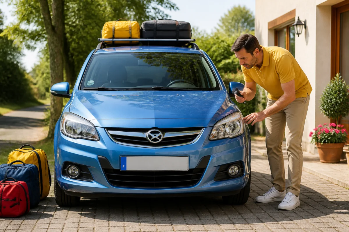 Conducteur inspectant les pneus et phares d’une voiture familiale avant l’entretien voiture avant vacances
