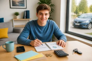 Jeune adulte planifiant le financement de son permis de conduire avec budget, calculatrice et clés de voiture à la table