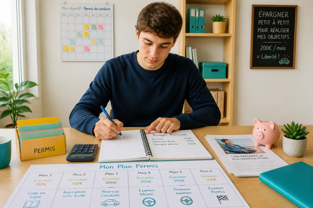 Jeune adulte organisant un budget mensuel pour financer son permis de conduire progressivement, avec calendrier et carnet.