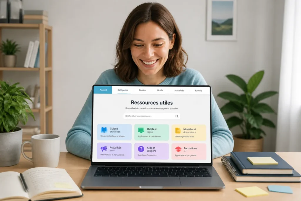 Mcc22 aide une personne souriante à trouver des ressources utiles sur une plateforme en ligne depuis son ordinateur portable.