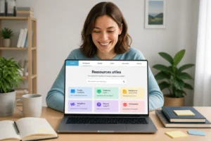 Mcc22 aide une personne souriante à trouver des ressources utiles sur une plateforme en ligne depuis son ordinateur portable.
