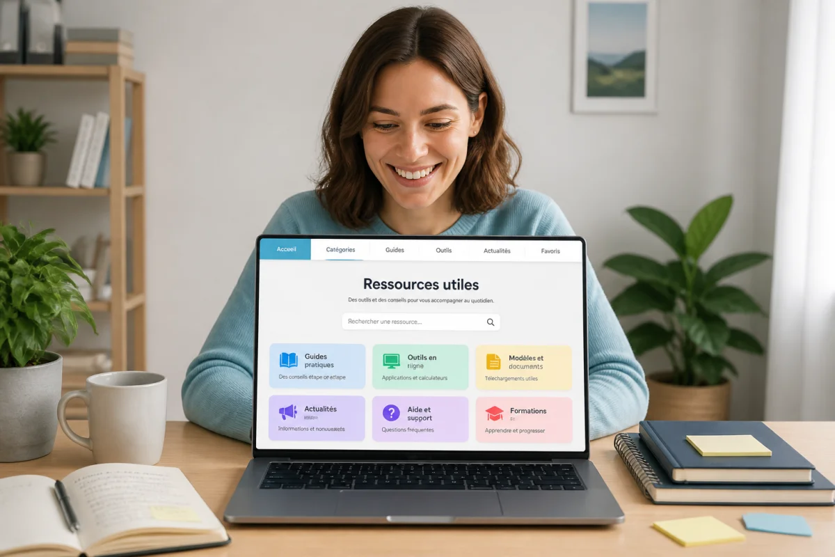 Mcc22 aide une personne souriante à trouver des ressources utiles sur une plateforme en ligne depuis son ordinateur portable.