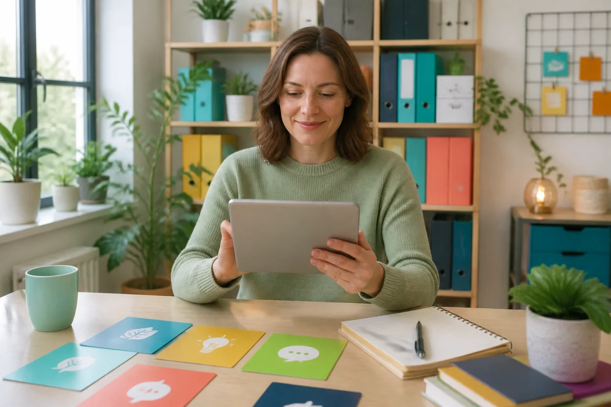 Mcc22 aide à trouver des ressources utiles sur tablette dans un espace de travail lumineux et organisé