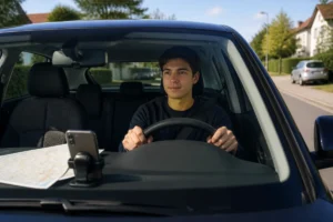 Jeune conducteur serein au volant dans une rue résidentielle, reprenant confiance pour réussir son permis de conduire sans stress