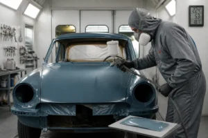 Rénover une carrosserie ancienne avec un opérateur appliquant une peinture régulière au pistolet en atelier professionnel