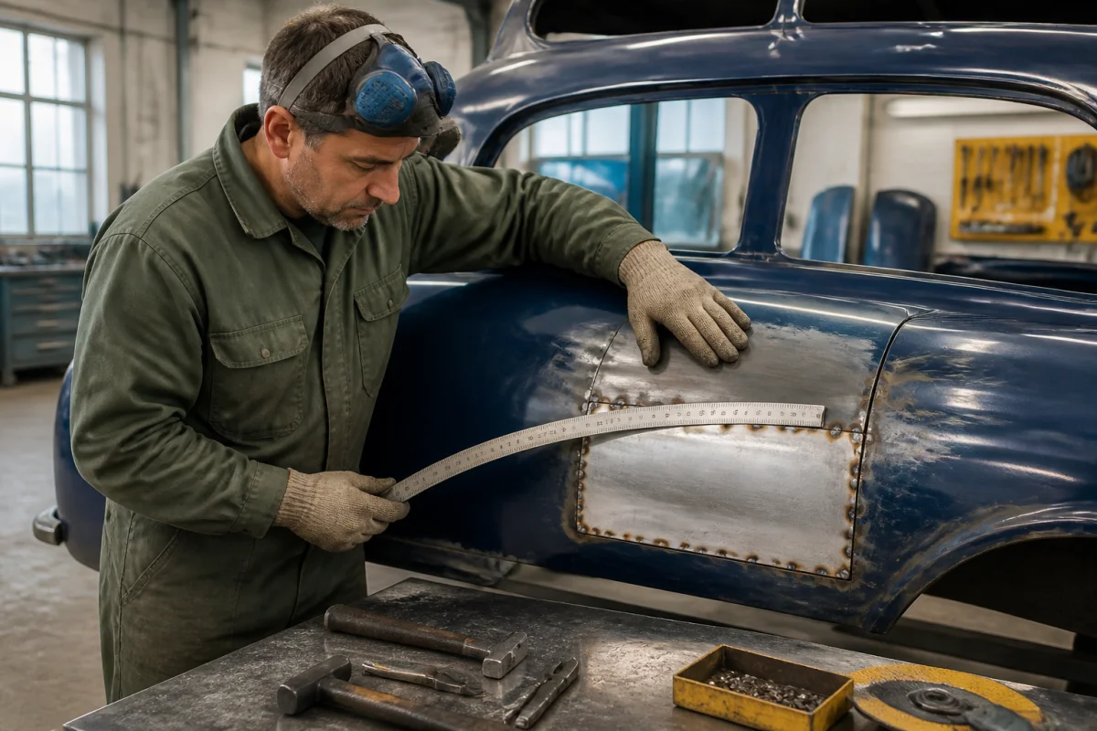 Rénover une carrosserie ancienne avec bosse redressée et tôle corrodée remplacée par soudure dans un atelier professionnel