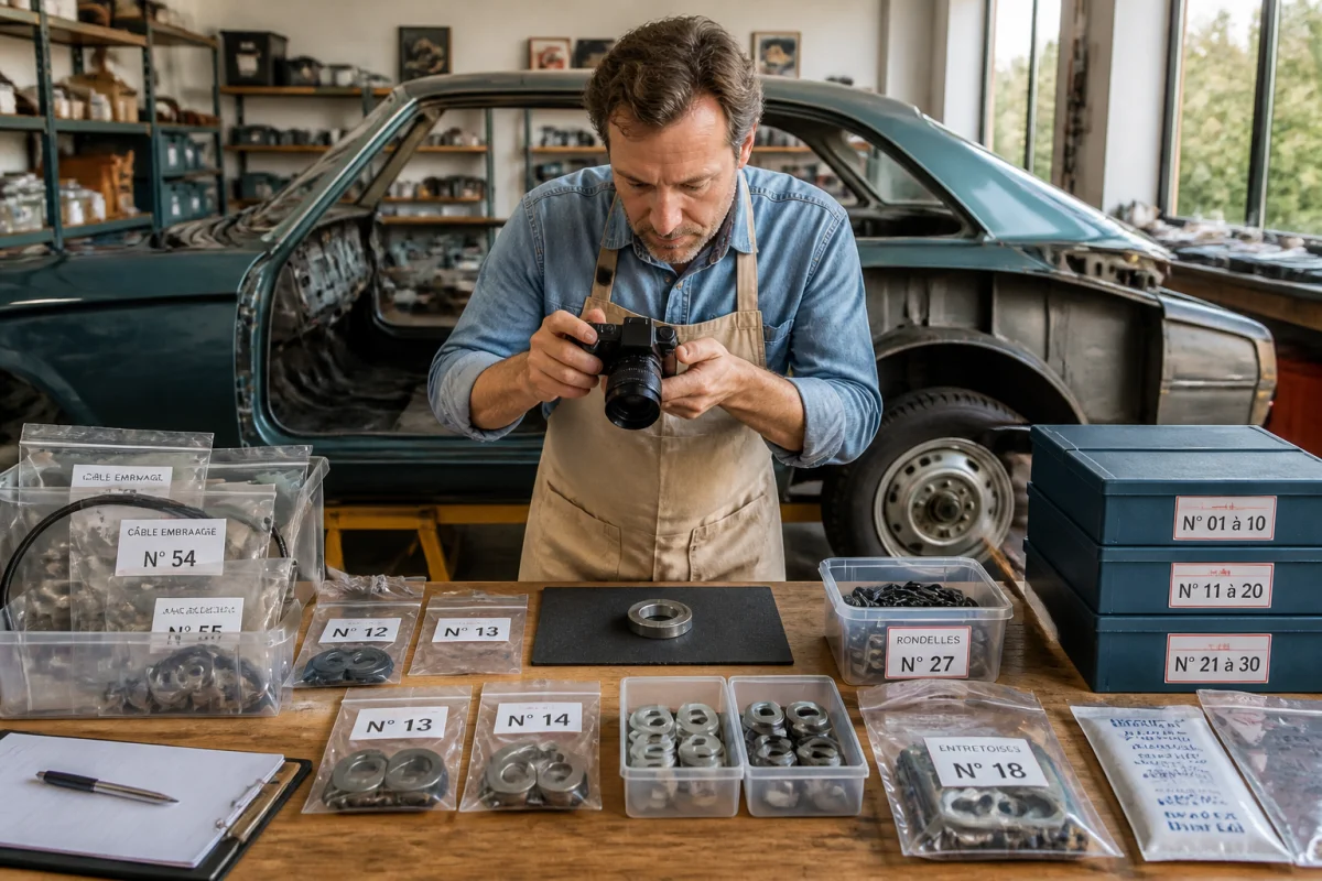 Restaurateur organisant méthodiquement le démontage d’une voiture ancienne avec pièces étiquetées dans un atelier ordonné