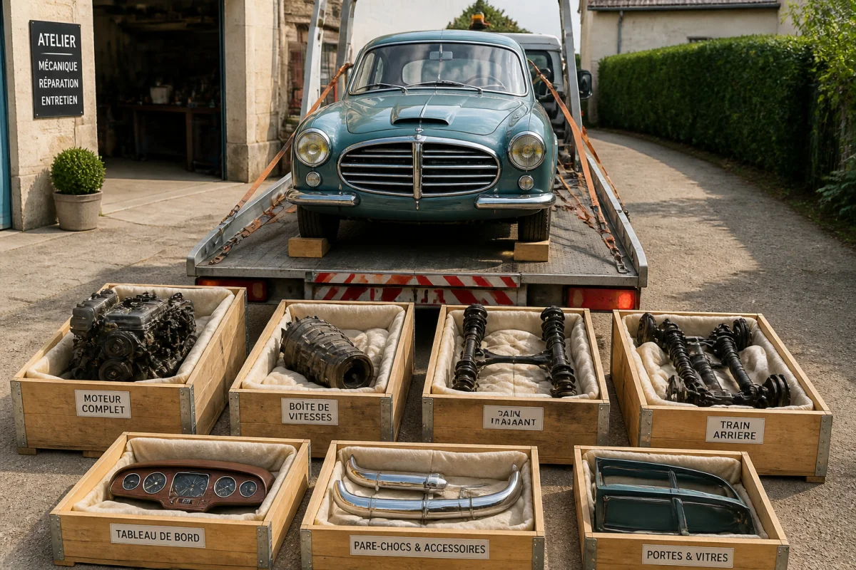 Voiture ancienne non roulante sur plateau, pièces mécaniques démontées soigneusement préparées pour restaurer une voiture ancienne