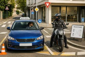 Candidats révisant le code de la route près d’une voiture-école et d’une moto-école en milieu urbain