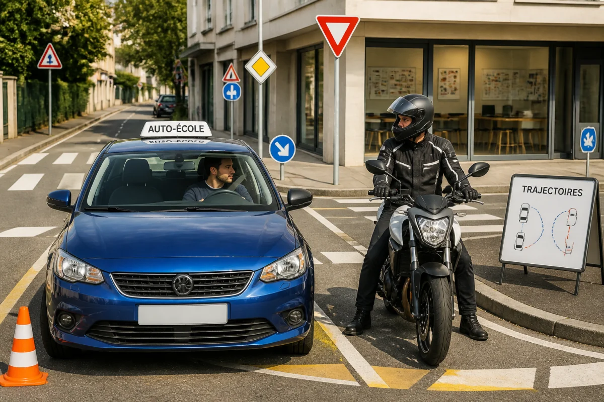 Candidats révisant le code de la route près d’une voiture-école et d’une moto-école en milieu urbain