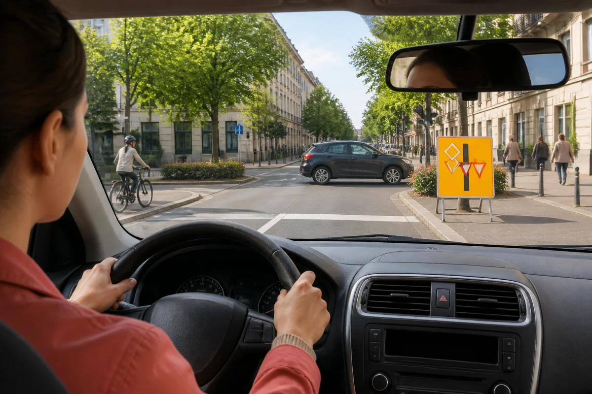 Révision du code de la route avec conducteur débutant attentif à une intersection urbaine, cycliste et signalisation
