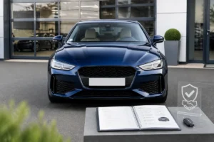 Voiture premium d’occasion préparée par Sportline Automobiles devant un centre moderne, avec dossier d’entretien et clé visibles.