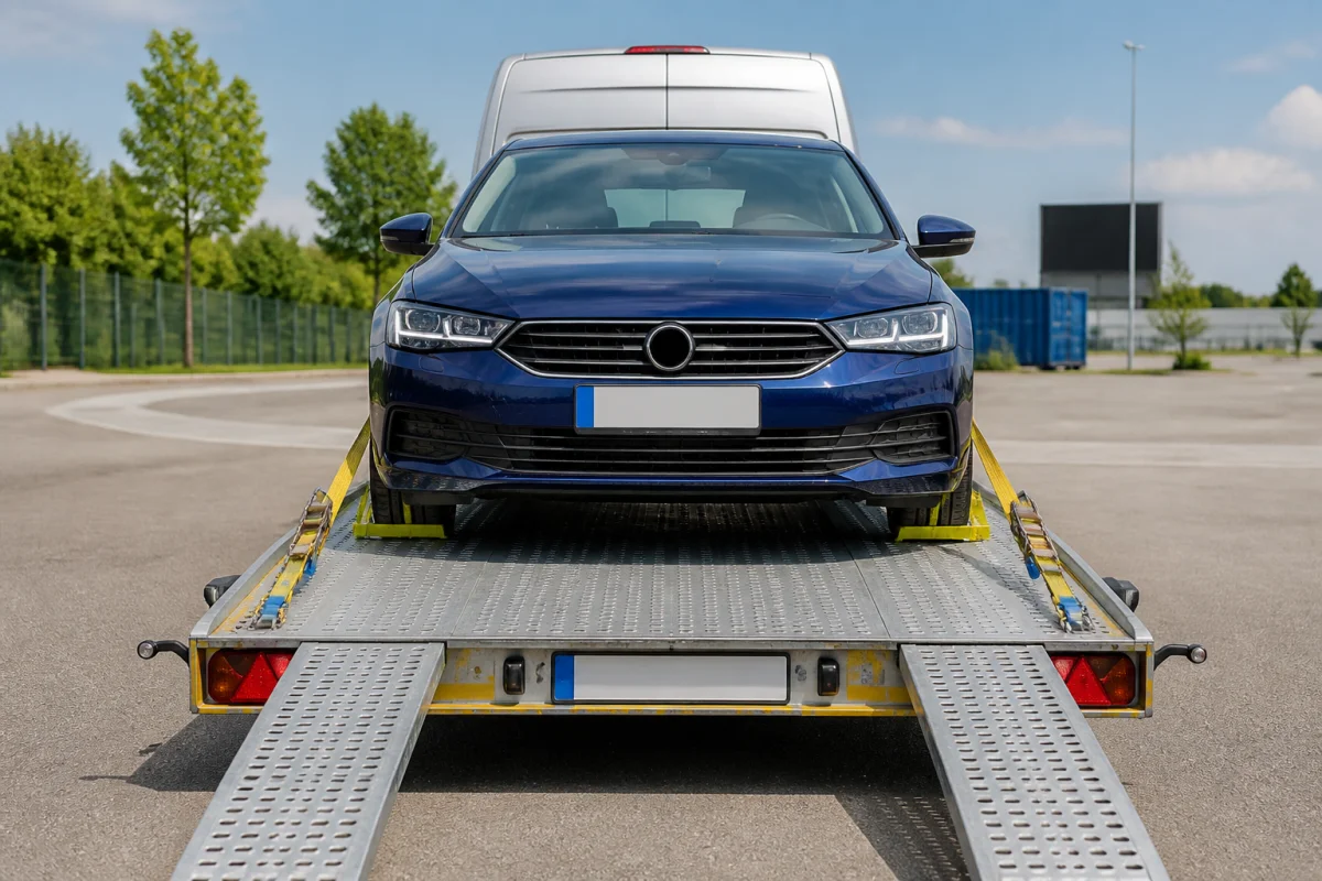 Voiture correctement arrimée sur une remorque porte-voiture avec sangles de sécurité et cales de roues